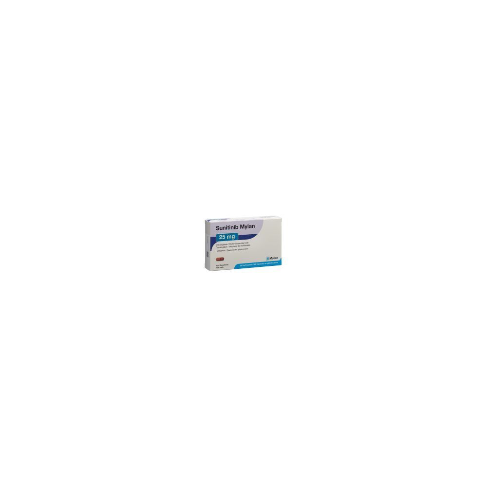Karton von Sunitinib Mylan Kaps 25 mg. Aufschrift: Sunitinib Mylan, 25 mg. Packung mit 28 Stück. Weiß, blau und rot.