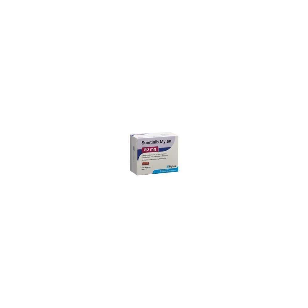 Karton von Sunitinib Mylan Kaps 50 mg. Aufschrift: Sunitinib Mylan, 50 mg. Rote und weiße Farbgebung. Blaue Akzente.