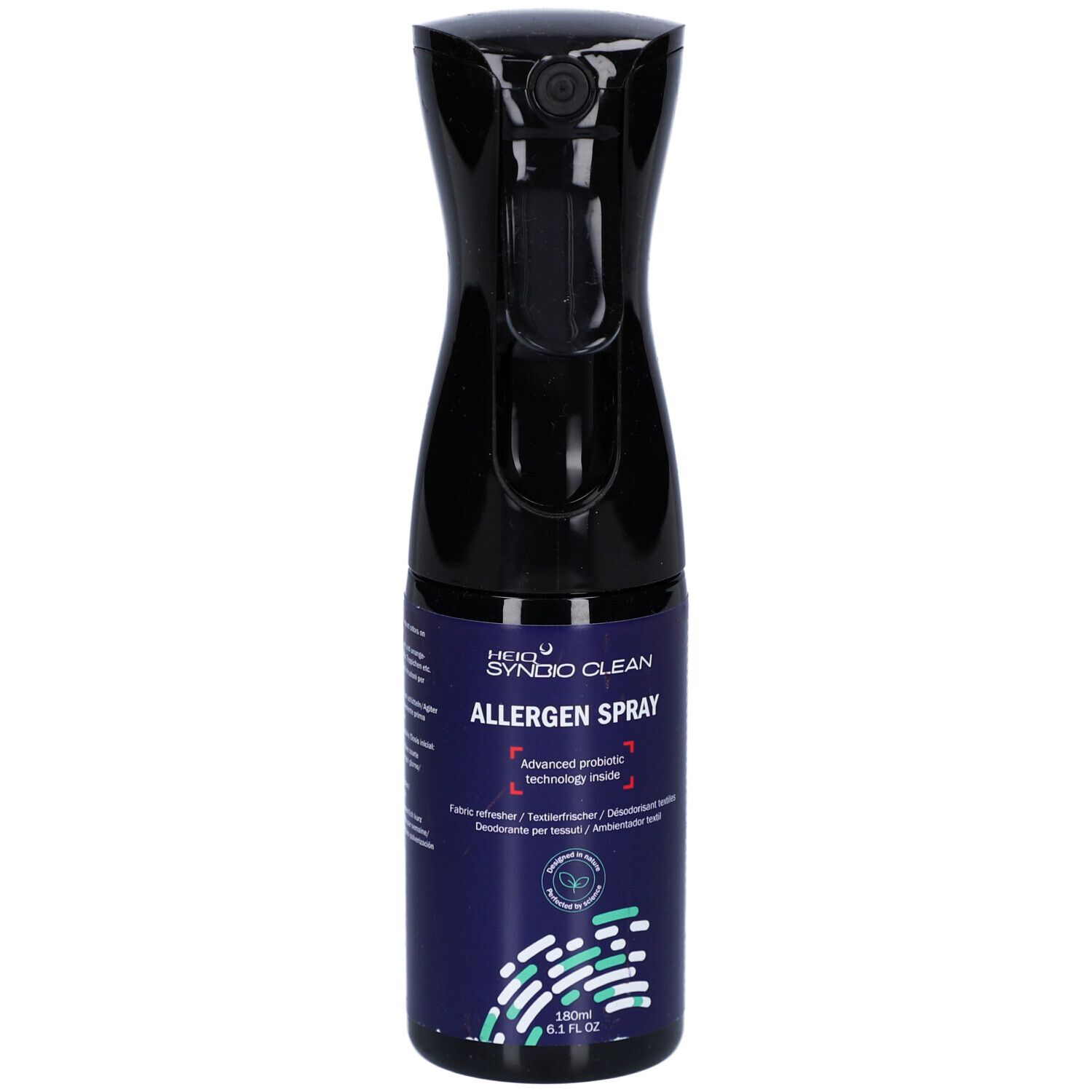 Blaue Sprühflasche mit schwarzem Sprühkopf. Aufschrift: HEIQ SYNBIO CLEAN ALLERGEN SPRAY. 180 ml.