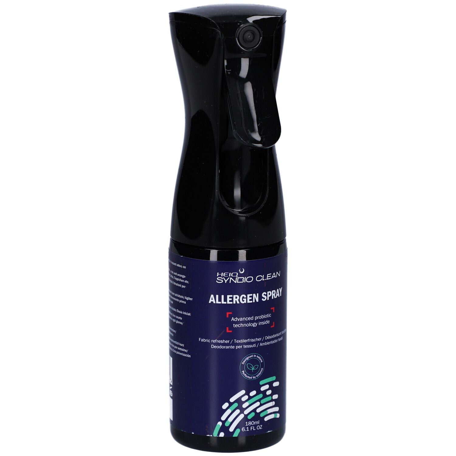 Blaue Sprühflasche mit schwarzem Sprühkopf. Aufschrift: HEIQ SYNBIO CLEAN ALLERGEN SPRAY. 180 ml.