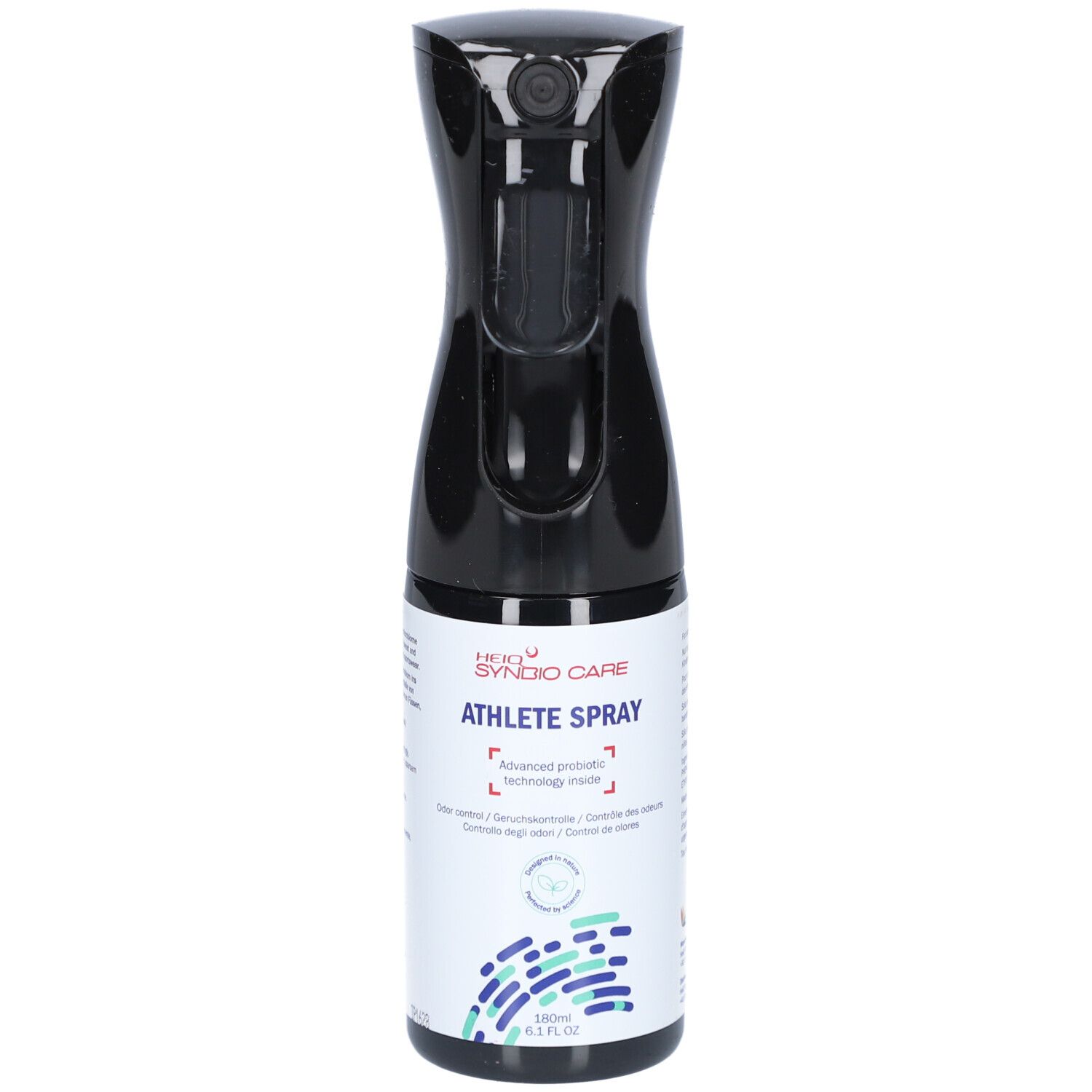 Flacon pulvérisateur noir avec ATHLETE SPRAY de HEIQ SYNBIO CARE. Contient 180ml. Avec tête de pulvérisation.