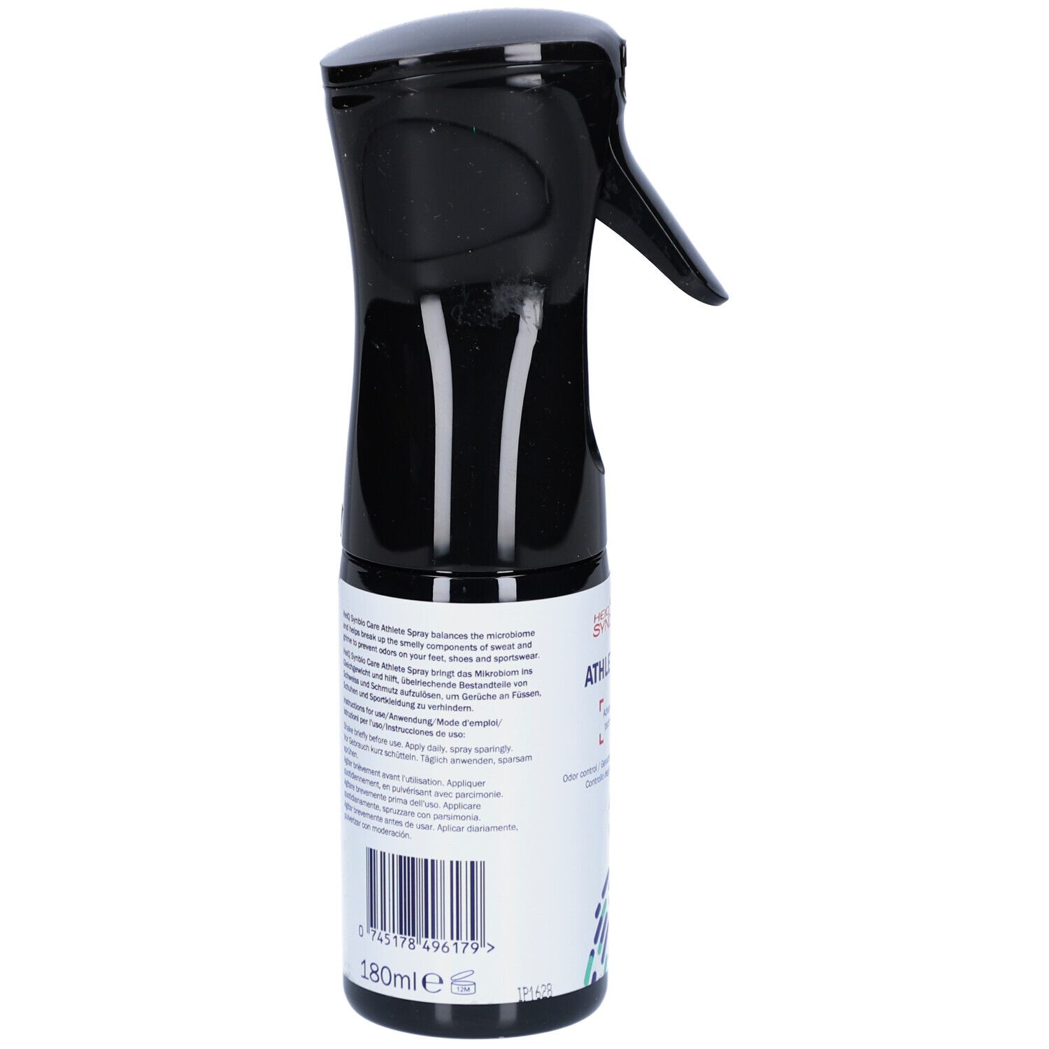 Flacon pulvérisateur noir avec texte. Contient 180ml. Code-barres et texte sur étiquette blanche. HEIQ SYNBIO CARE ATHLETE SPRAY.