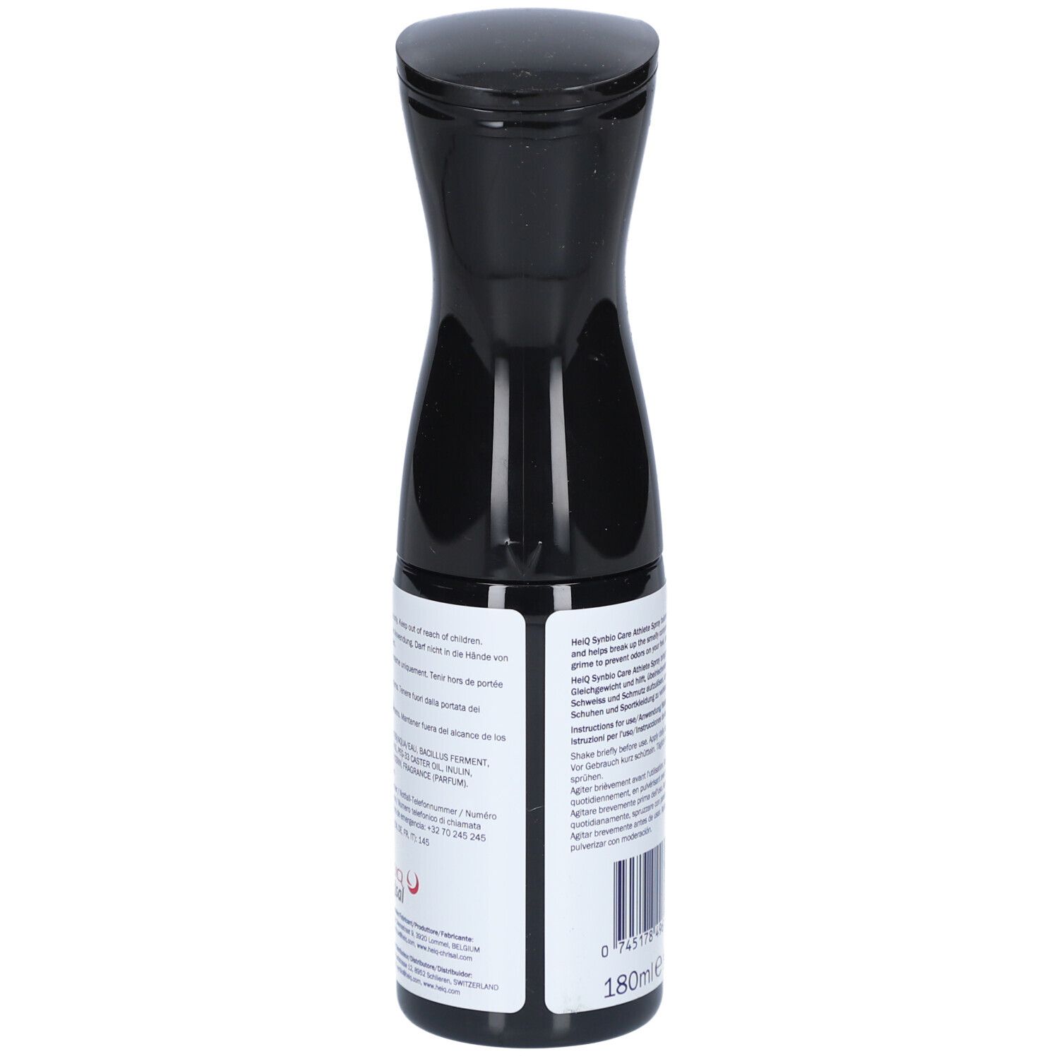 Flacon pulvérisateur noir avec texte. Contient 180ml. Texte sur étiquette blanche. HEIQ SYNBIO CARE ATHLETE SPRAY.