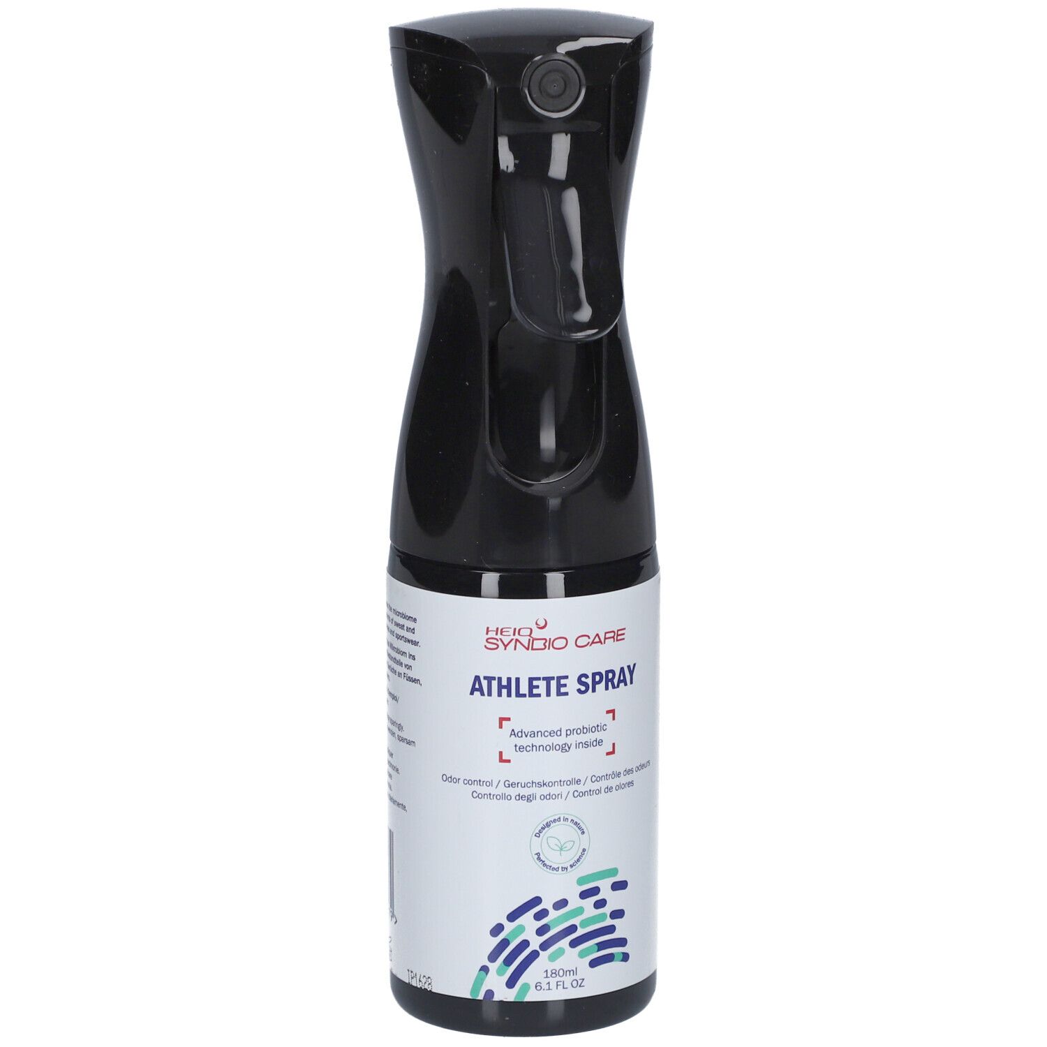 Flacon pulvérisateur noir avec ATHLETE SPRAY de HEIQ SYNBIO CARE. Contient 180ml. Avec tête de pulvérisation.
