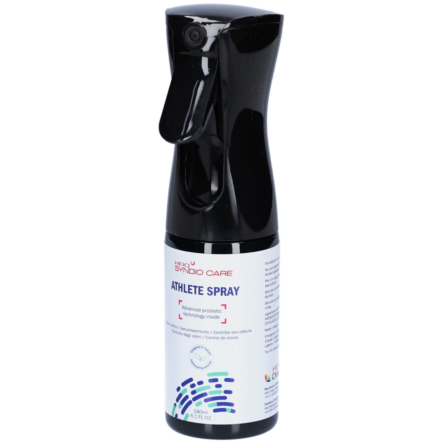 Flacon pulvérisateur noir avec ATHLETE SPRAY de HEIQ SYNBIO CARE. Contient 180ml. Avec tête de pulvérisation.