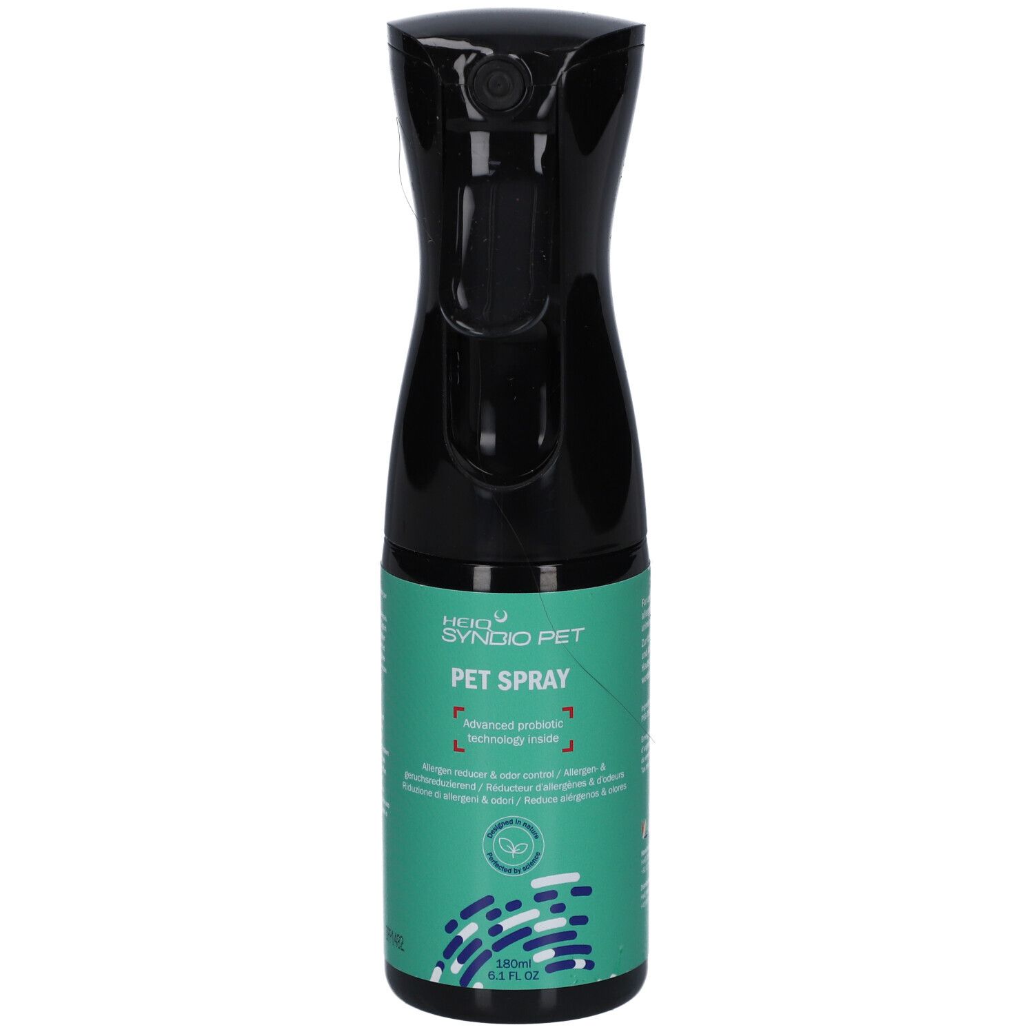 Schwarze Sprühflasche mit grünem Etikett. Aufschrift: HEIQ SYNBIO PET PET SPRAY. Enthält 180 ml.