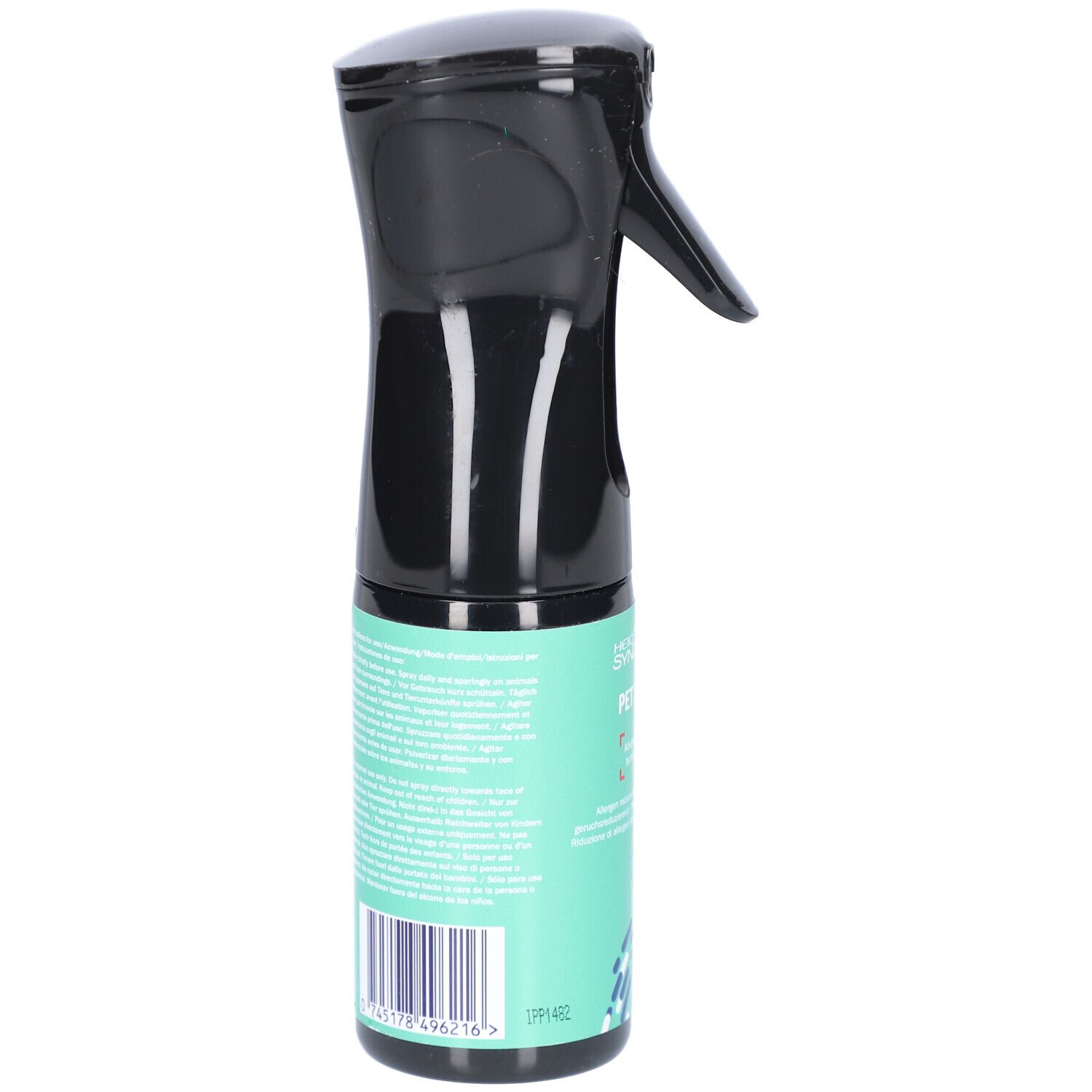 Seitenansicht der schwarzen Sprühflasche mit grünem Etikett. Barcode und Text auf dem Etikett.