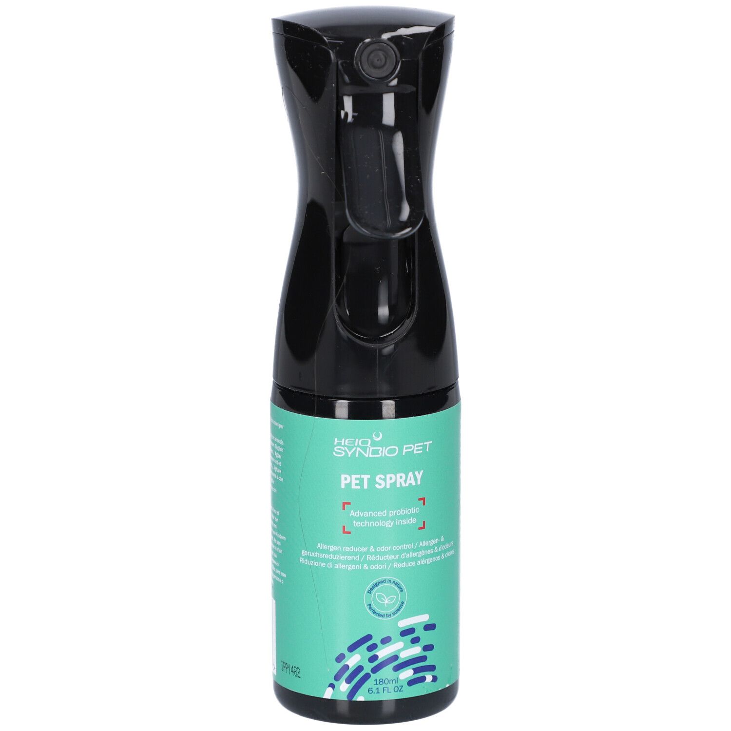 Schwarze Sprühflasche mit grünem Etikett. Aufschrift: HEIQ SYNBIO PET PET SPRAY. Enthält 180 ml.