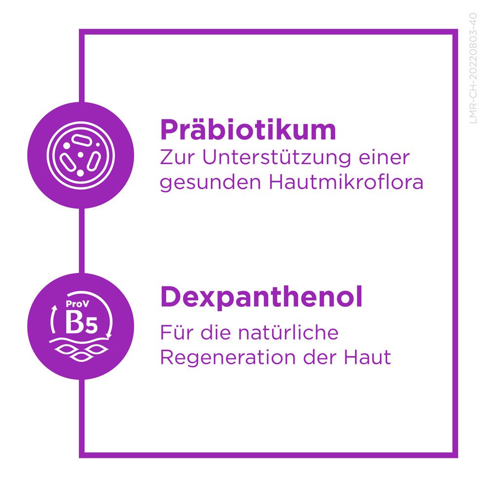 Texte : Prébiotique, Dexpanthénol. Cadre violet. Symboles : Bactéries, Vitamine B5.