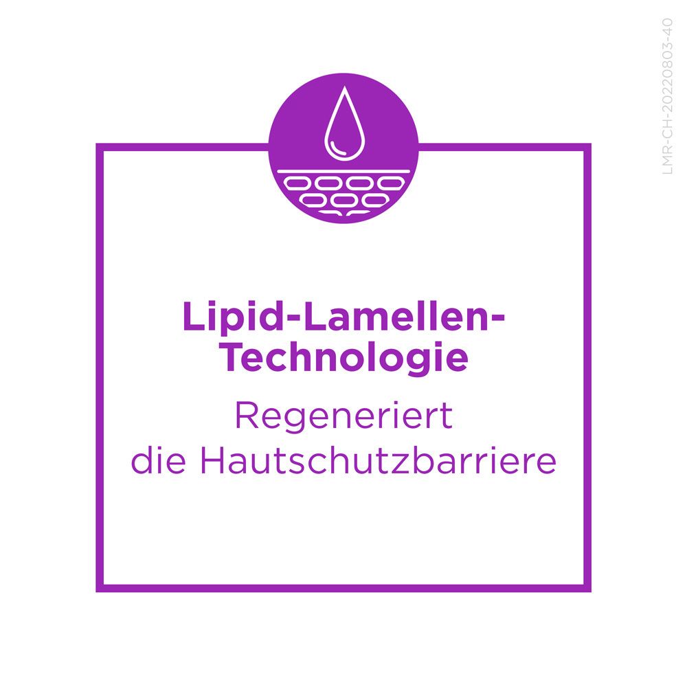 Texte : Technologie lamellaire lipidique. Régénère la barrière cutanée. Cadre violet. Symbole goutte.