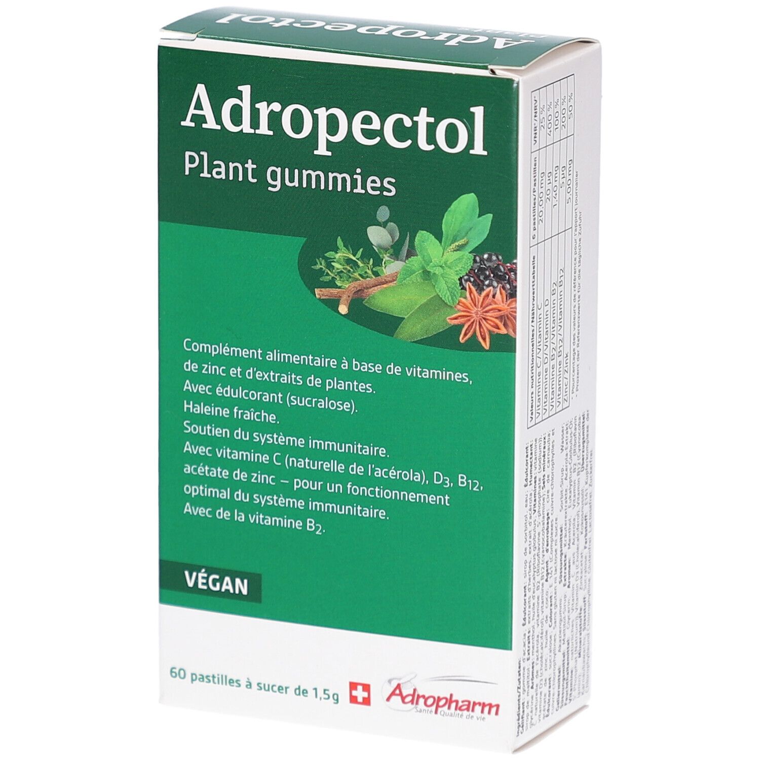 Grüne Schachtel mit Produktnamen und Pflanzenabbildung. Enthält 60 Pastillen. Marke Adropharm.