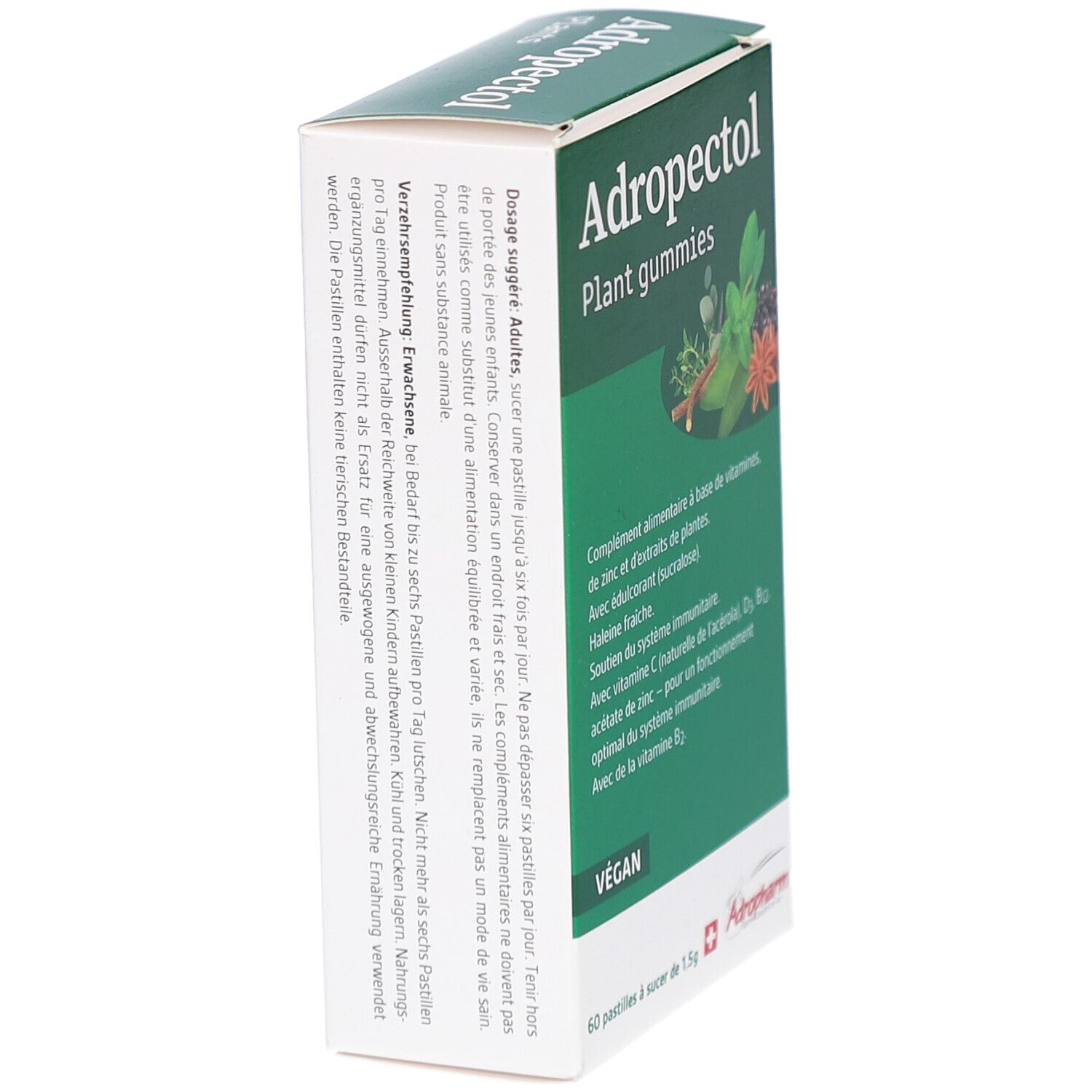 Schachtel mit Produktinformationen und Dosierungshinweisen. Enthält 60 Pastillen. Marke Adropharm.