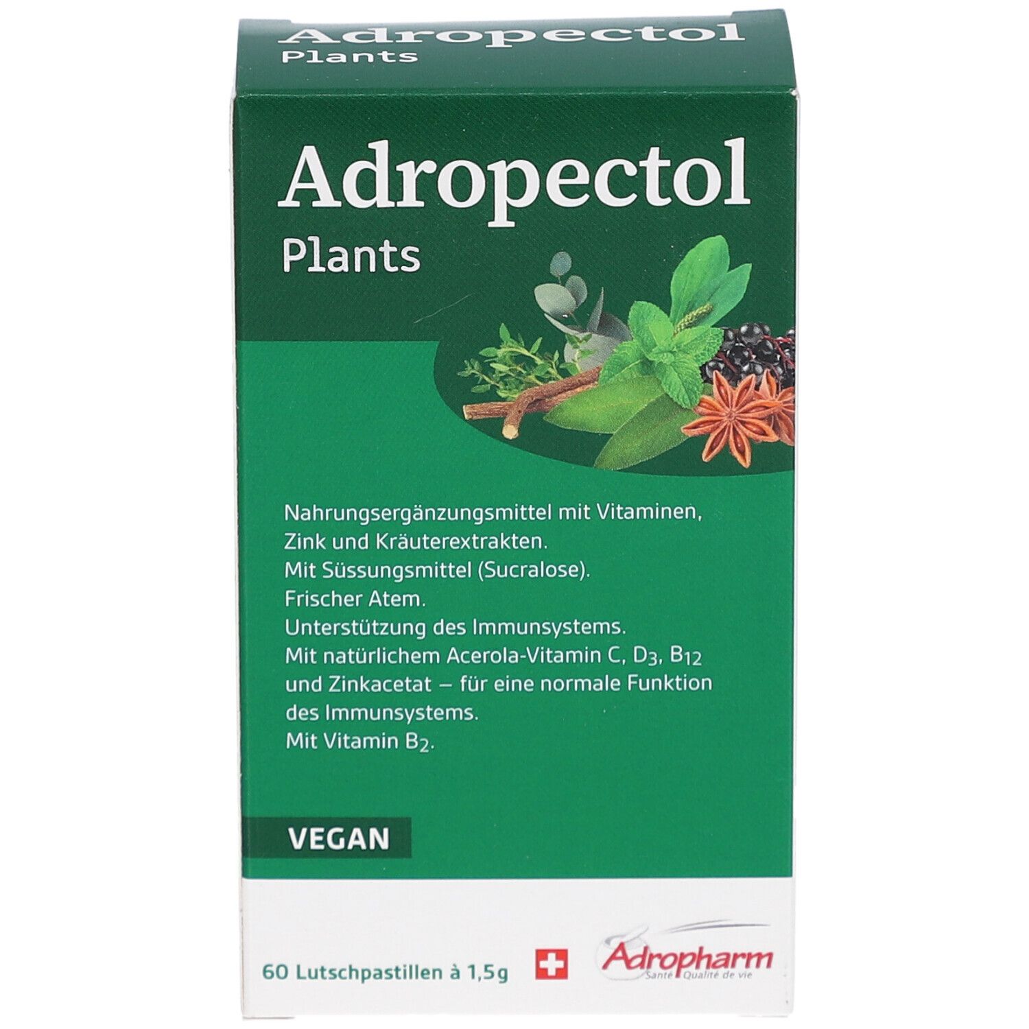 Grüne Schachtel mit Produktnamen und Pflanzenabbildung. Enthält 60 Lutschpastillen. Marke Adropharm.