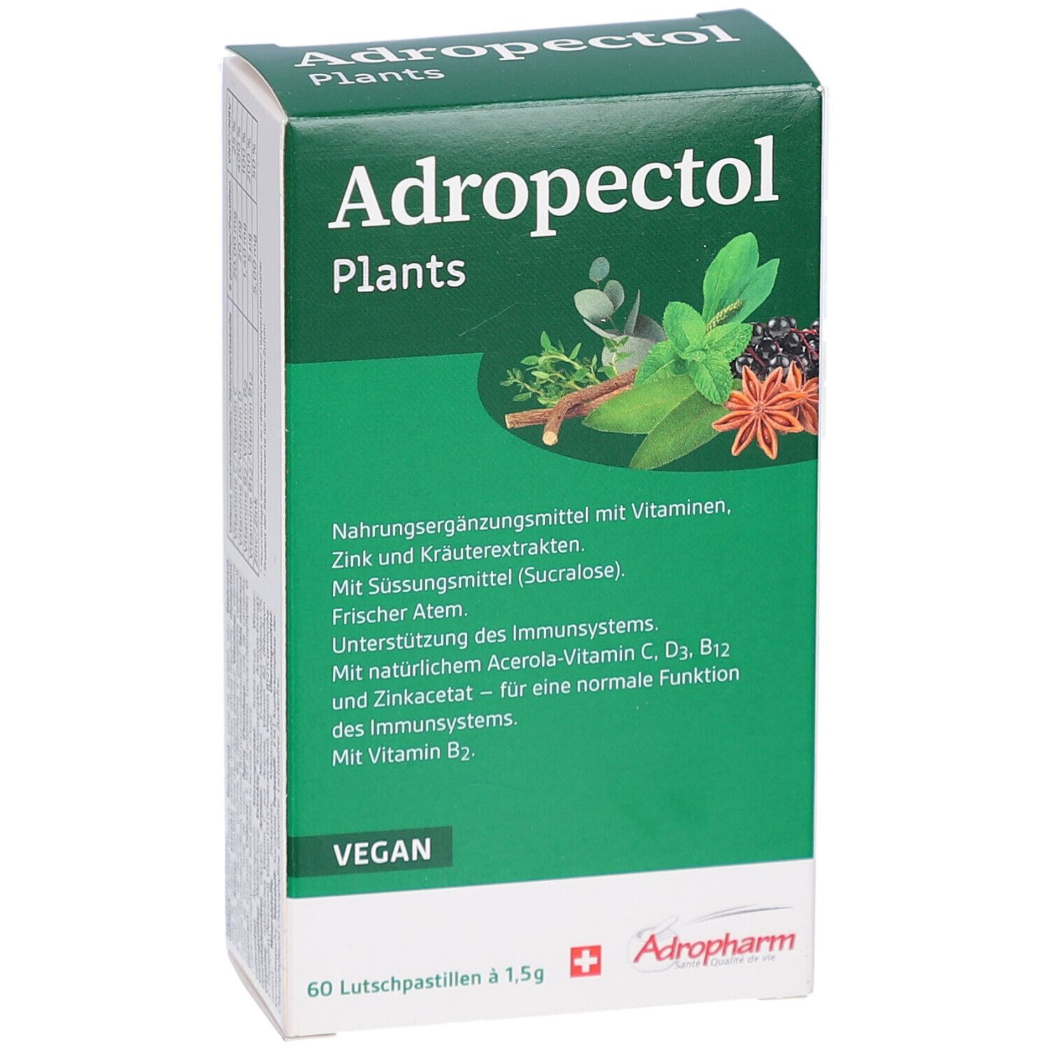 Grüne Schachtel mit Produktnamen und Pflanzenabbildung. Enthält 60 Lutschpastillen. Marke Adropharm.