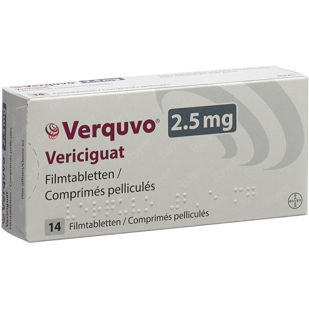 Boîte de Verquvo. Inscription : 2,5 mg, Vériciguat, comprimés pelliculés, 14 comprimés. Logo Bayer.