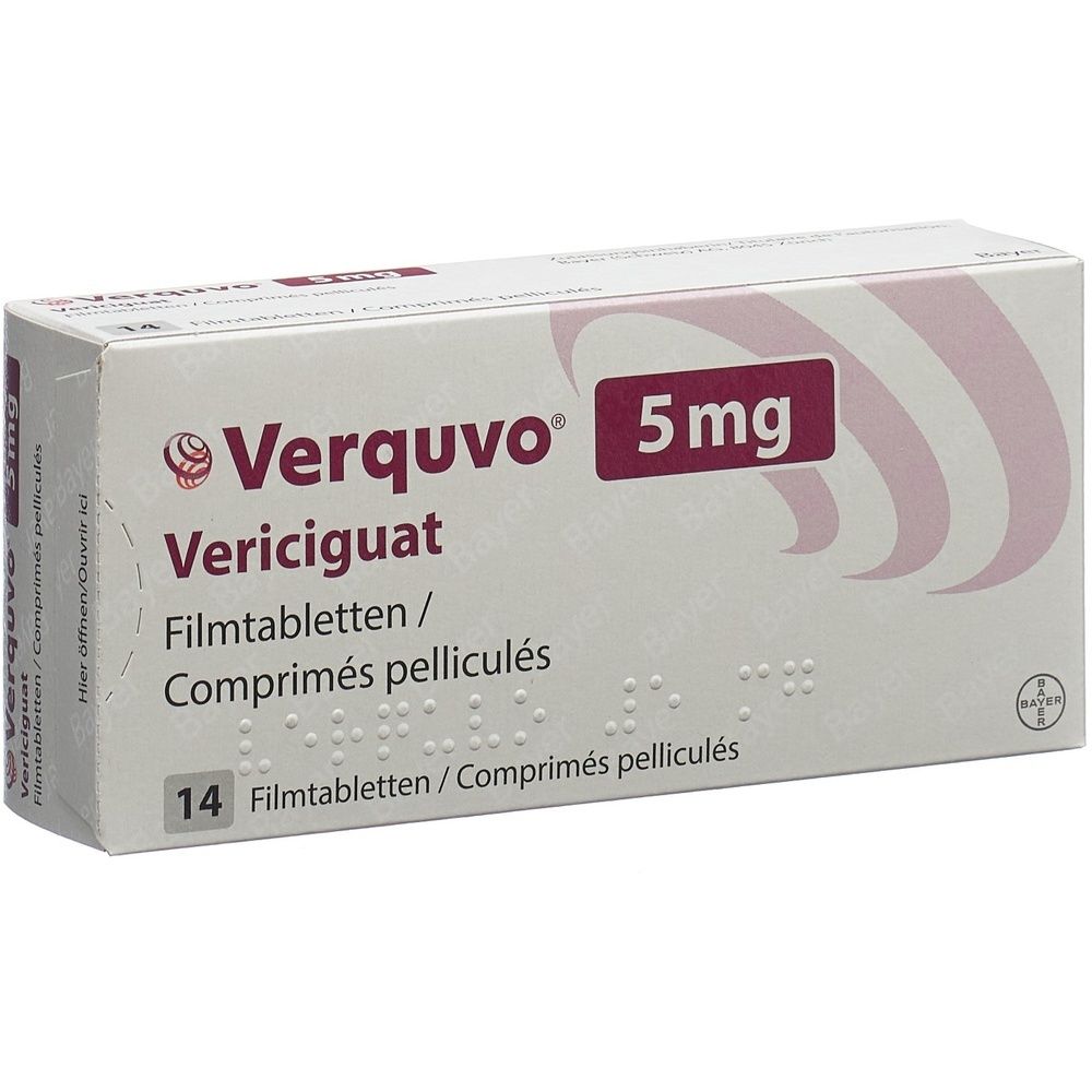 Verpackung von Verquvo 5 mg Filmtabletten. Aufschrift: Verquvo, Vericiguat, Filmtabletten, 14 Stück. Bayer-Logo.
