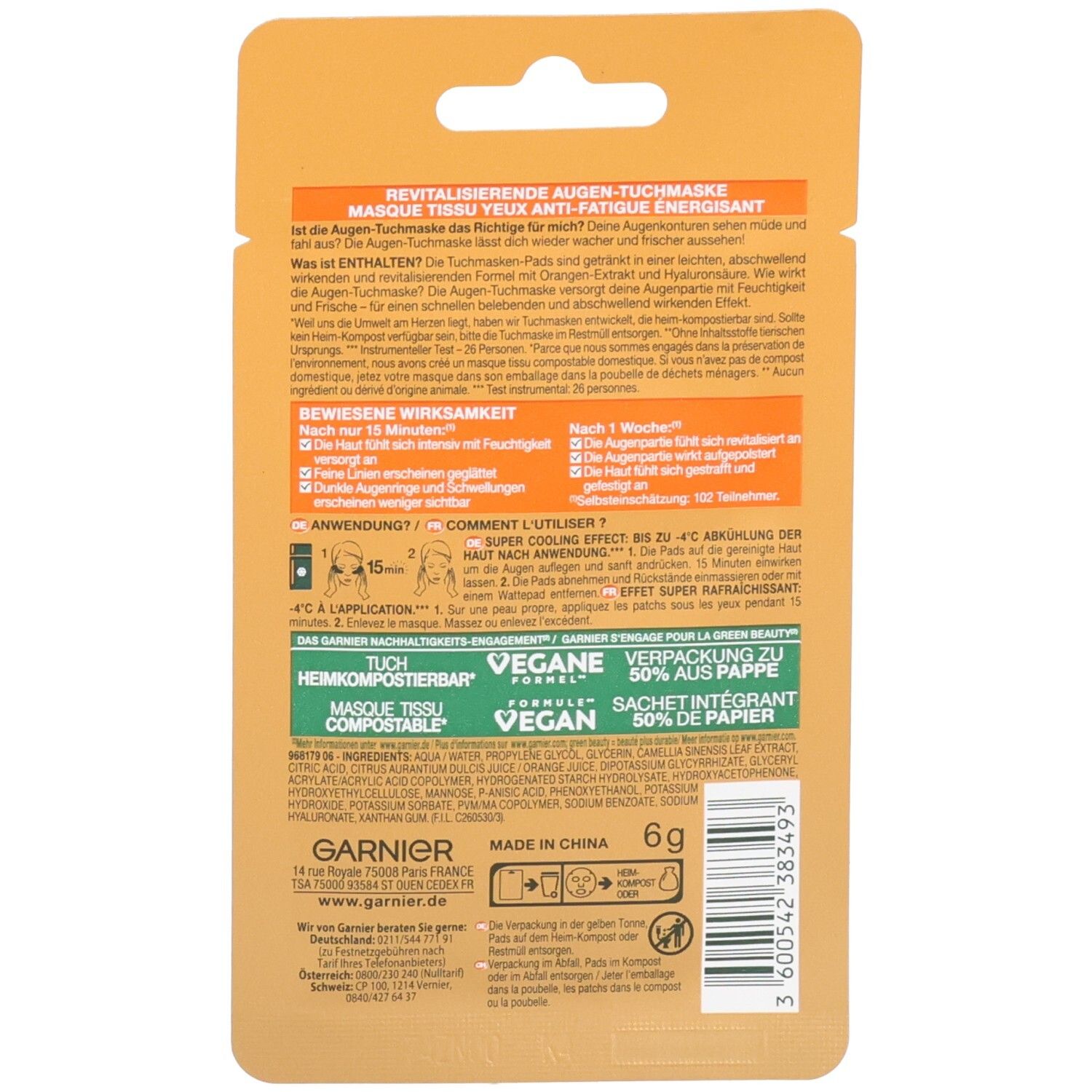 Rückseite der Garnier Hydra Bomb Augen-Tuchmaske mit Anwendungshinweisen und Inhaltsstoffen.