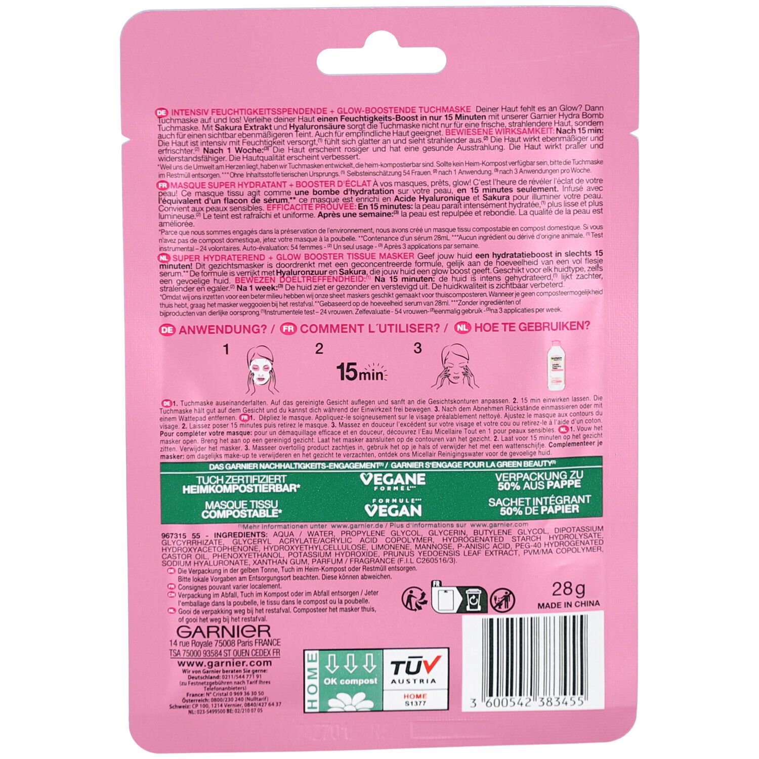 Rückseite der Gesichtsmaske. Text: Anwendung, Inhaltsstoffe, vegan. Marke Garnier. Mit Zertifizierungen und 28g.