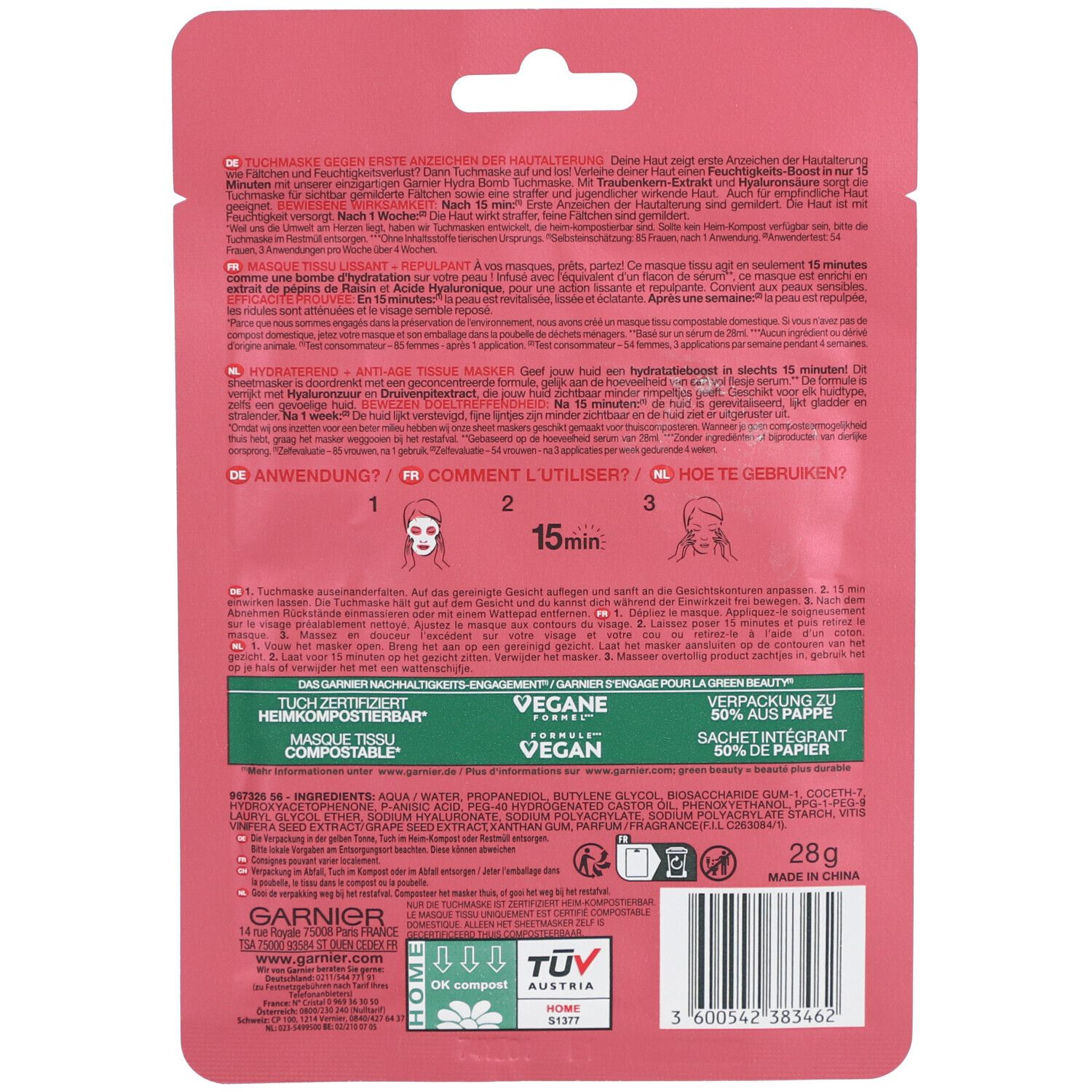 Rückseite der rosa Verpackung mit Text und Illustrationen. Enthält Informationen zu Inhaltsstoffen und Anwendung.