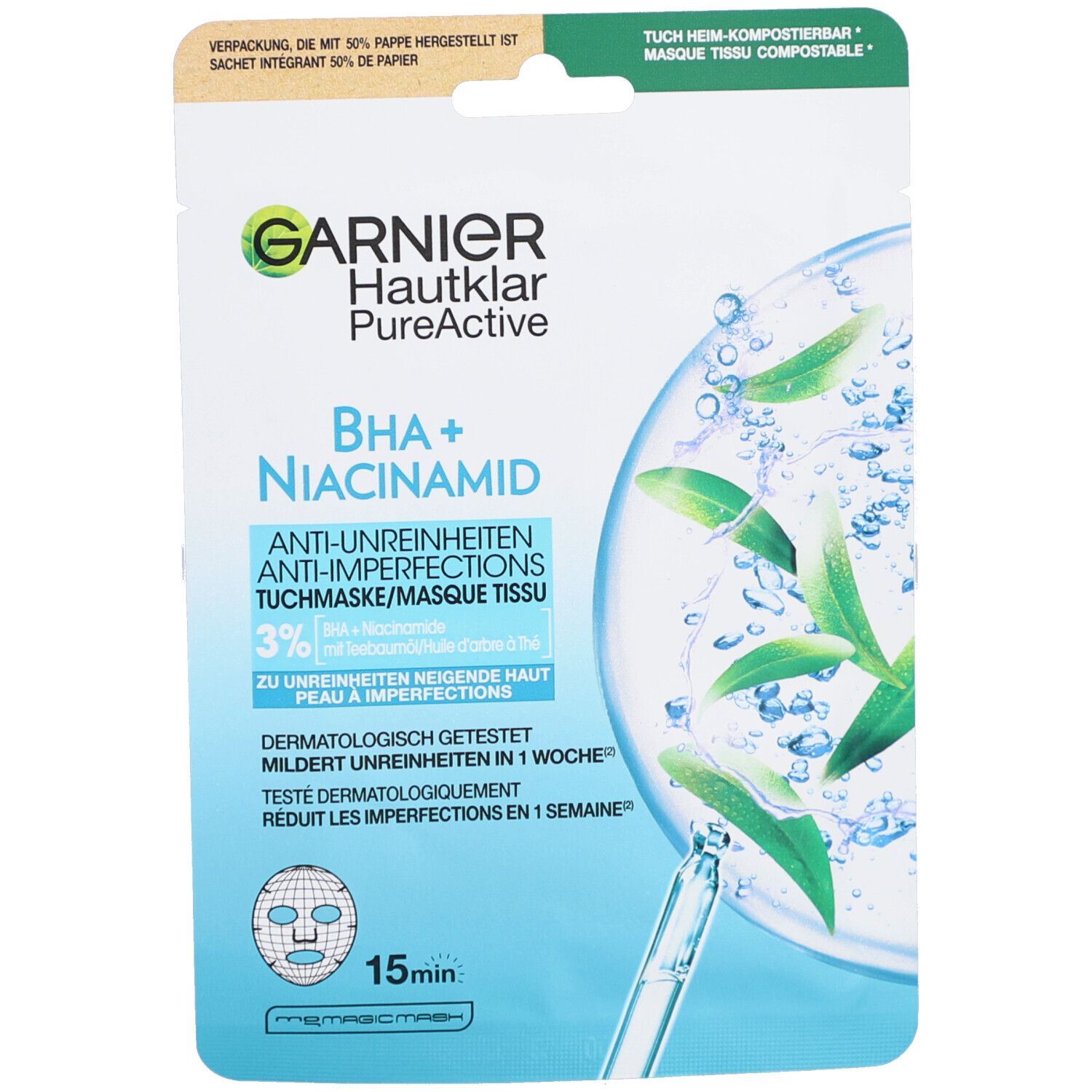 Verpackung der Tuchmaske. Garnier Hautklar PureActive, BHA + Niacinamid. Anti-Unreinheiten. 15 Minuten.