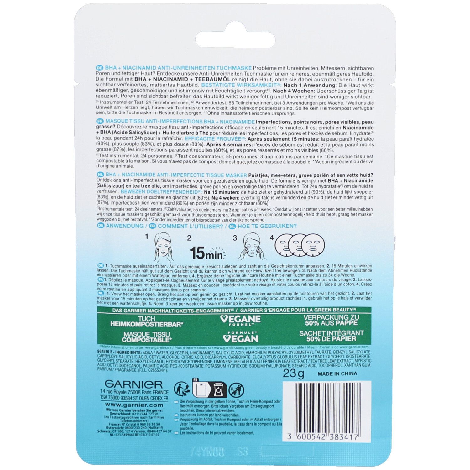 Rückseite der Tuchmaskenverpackung. Text, Inhaltsstoffe, Anwendungshinweise, 23g, vegan, kompostierbar.