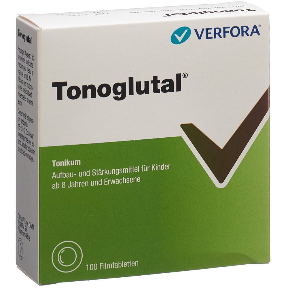 Weiße Schachtel mit grünem Feld. Schriftzug "Tonoglutal". Text: "Tonikum für Kinder ab 8 Jahren und Erwachsene". 100 Filmtabletten.