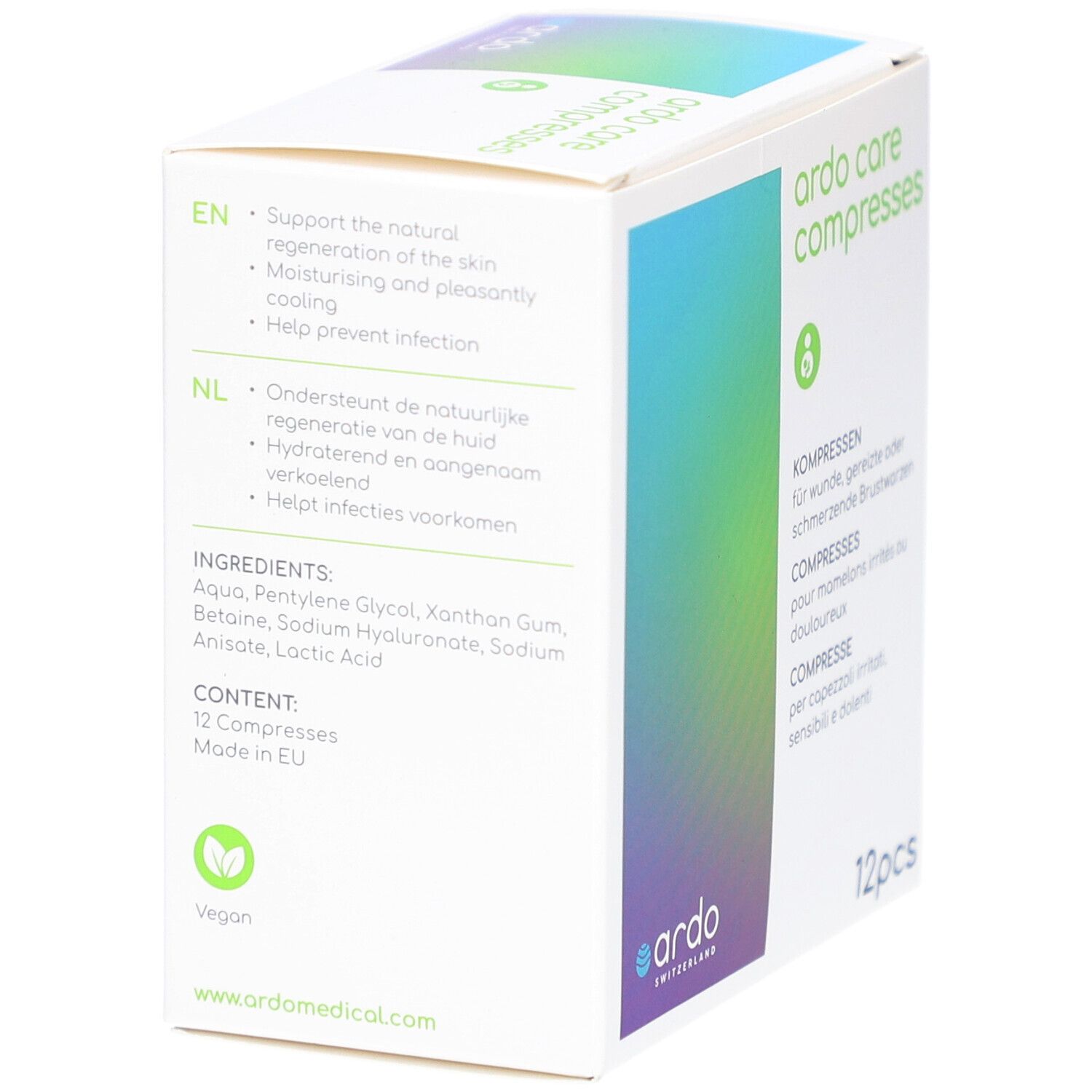 Dos de la boîte "ardo care compresses". Texte: Ingrédients, contenu 12 compresses, fabriqué en UE. Label vegan. Site web.