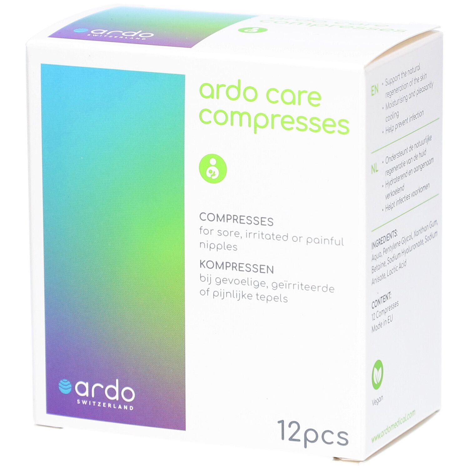 Boîte "ardo care compresses". Texte: Compresses pour mamelons irrités. Logo: Ardo Switzerland. 12 pièces.