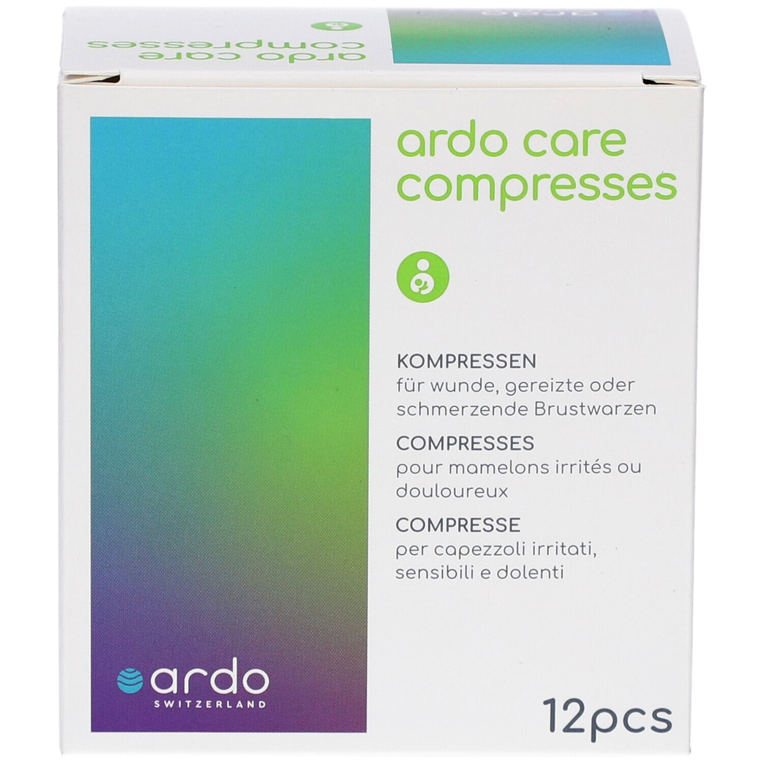 Boîte "ardo care compresses". Texte: Compresses pour mamelons. Logo: Ardo Switzerland. 12 pièces. Label vegan.