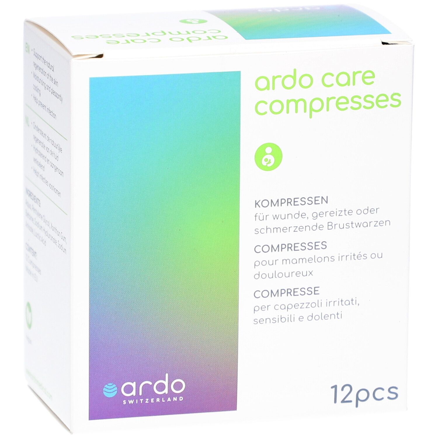 Boîte "ardo care compresses". Texte: Compresses pour mamelons. Logo: Ardo Switzerland. 12 pièces.