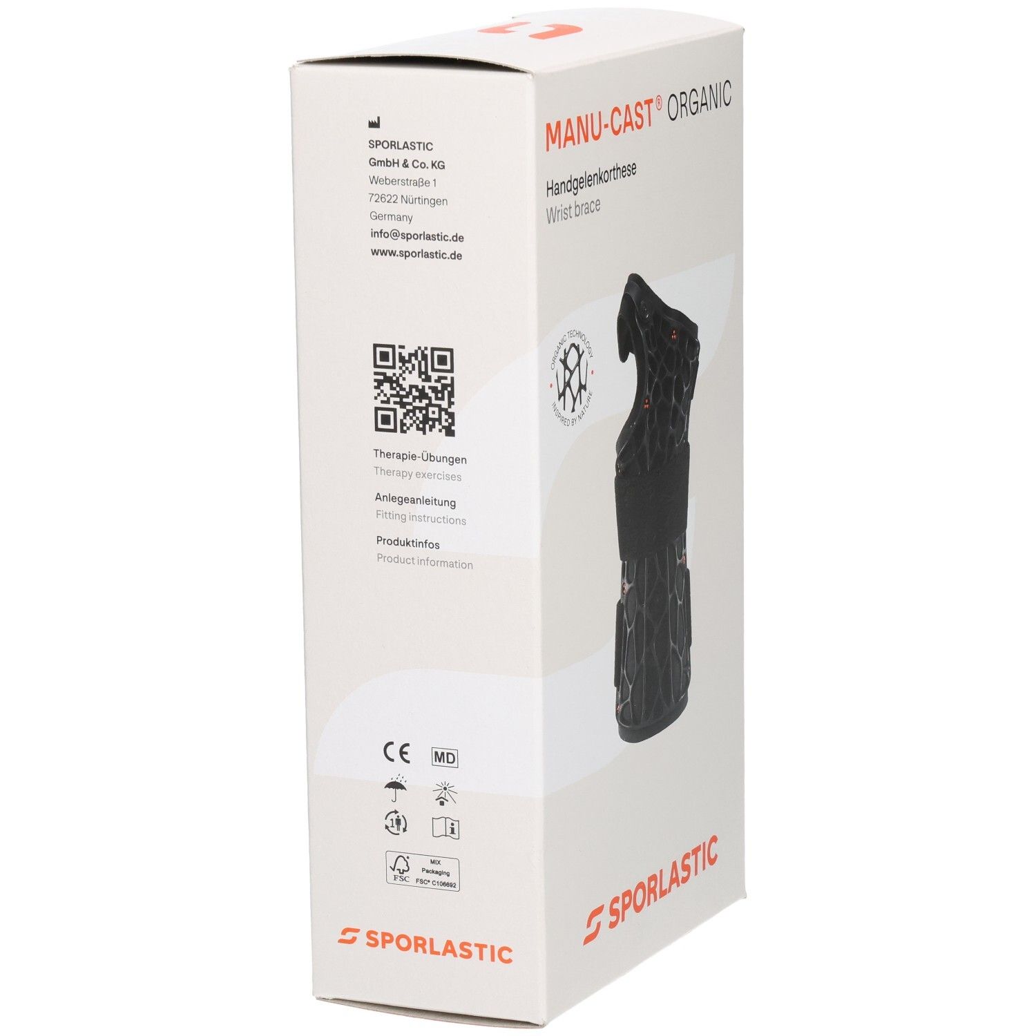 Rückseite der Verpackung mit Herstellerinformationen und QR-Code.