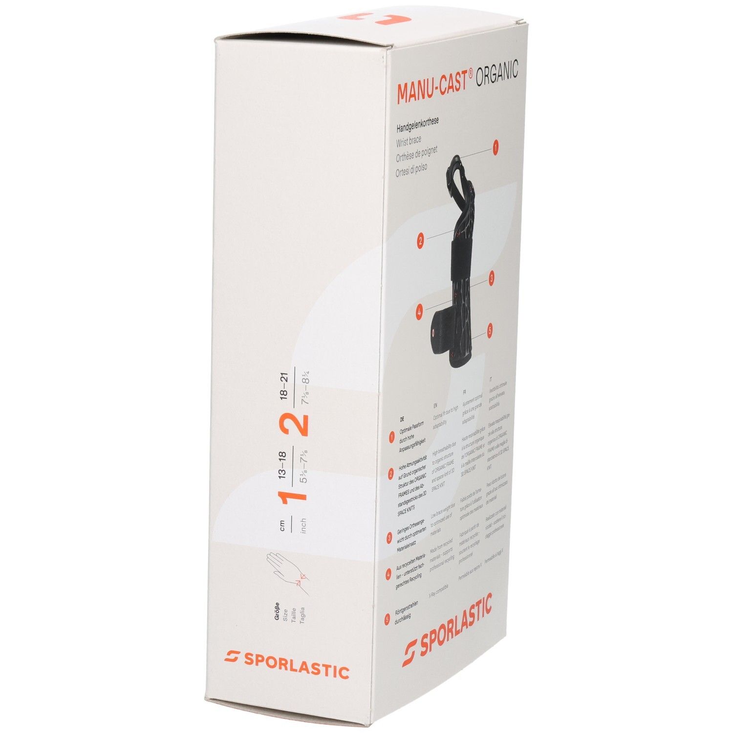 Seitenansicht der Verpackung mit Größenangaben und Produktabbildung.