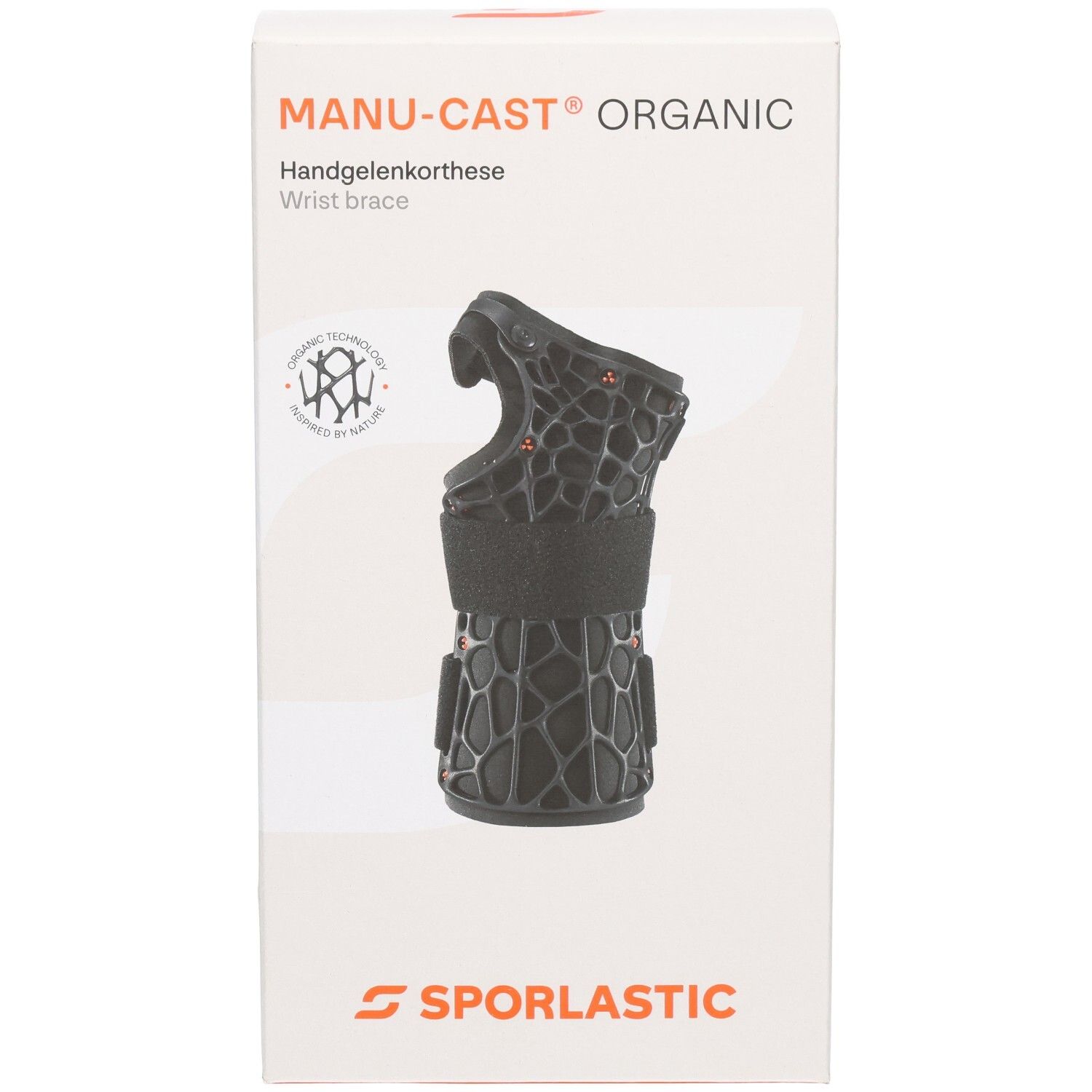Vorderseite der Verpackung der Manu-Cast Organic Handgelenkorthese.