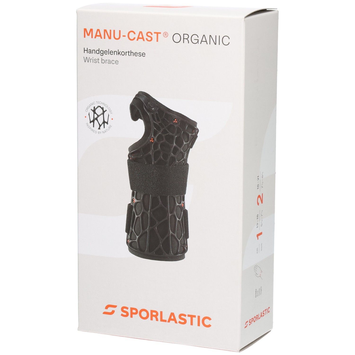 Emballage de l'orthèse de poignet Sporlastic Manu-Cast Organic avec illustration du produit et logo du fabricant.