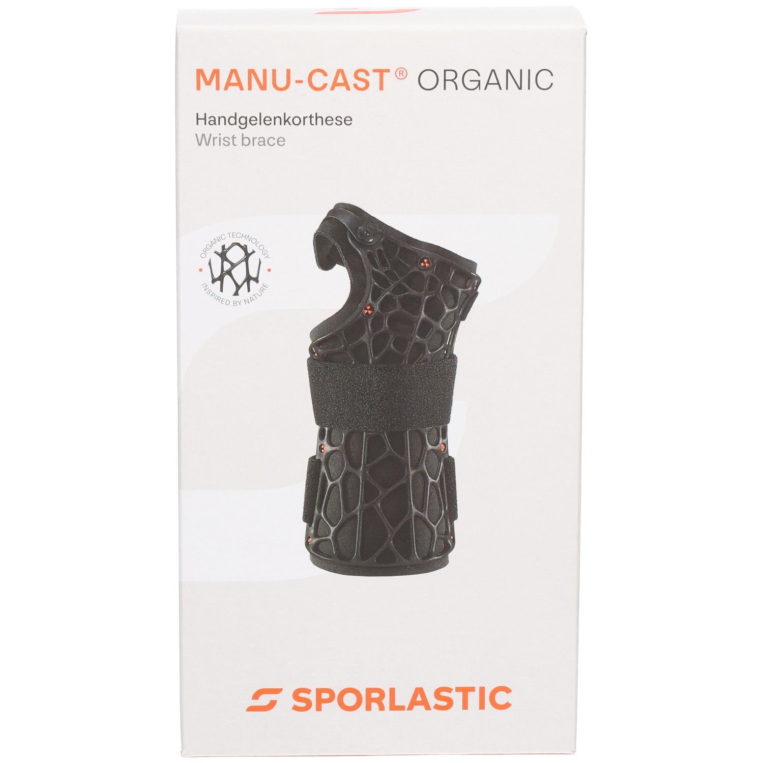Emballage de l'orthèse de poignet Sporlastic Manu-Cast Organic avec illustration du produit et logo du fabricant.