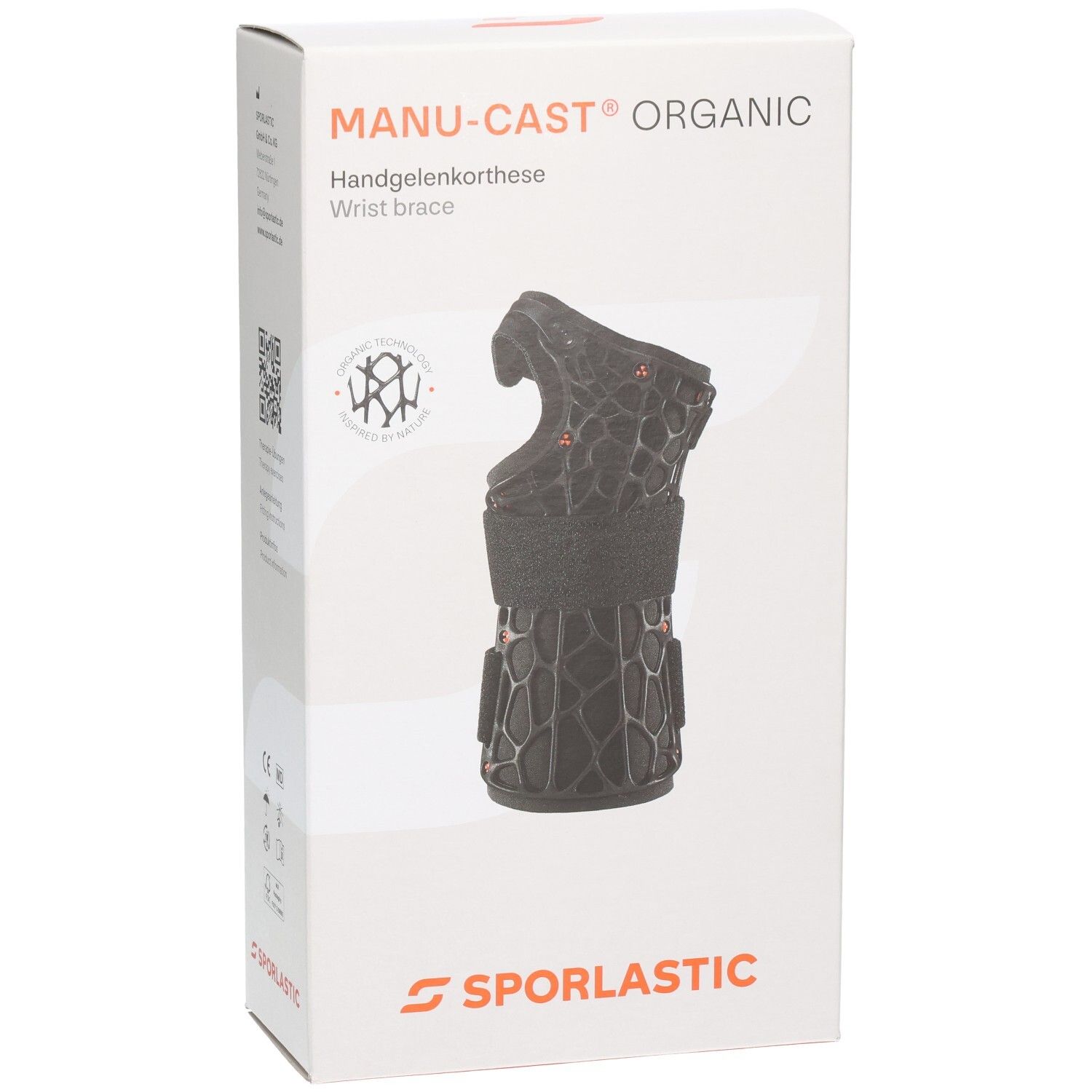 Emballage de l'orthèse de poignet Sporlastic Manu-Cast Organic avec illustration du produit et logo du fabricant.
