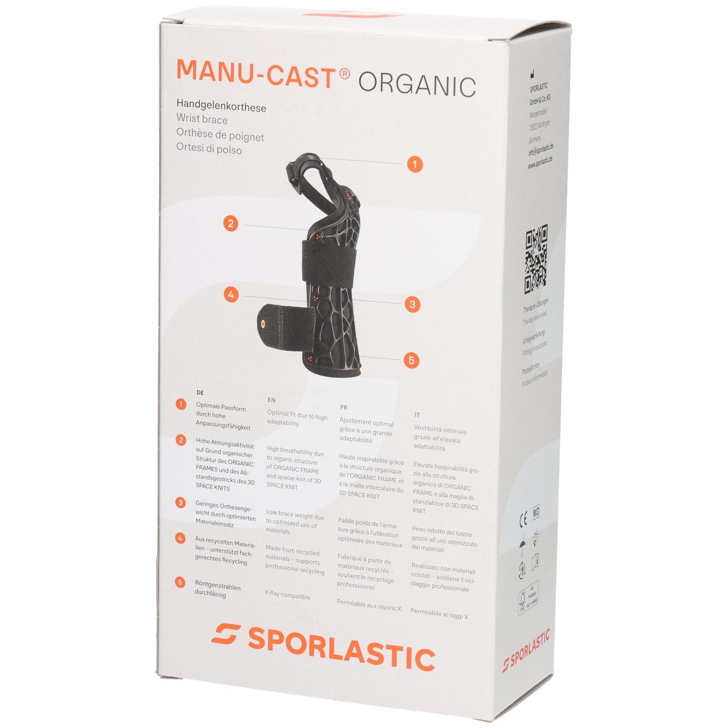 Detailansicht der Sporlastic Manu-Cast Organic Verpackung mit Erläuterungen zu Produktmerkmalen.