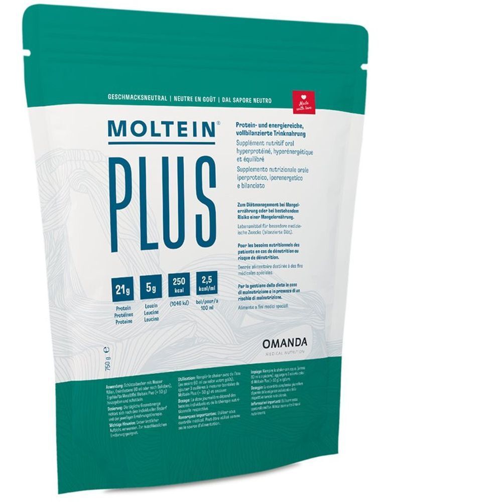 MOLTEIN Plus 2.5 Neutre Beutel mit Nährwertangaben: 21g Protein, 5g Fett, 250 kcal.
