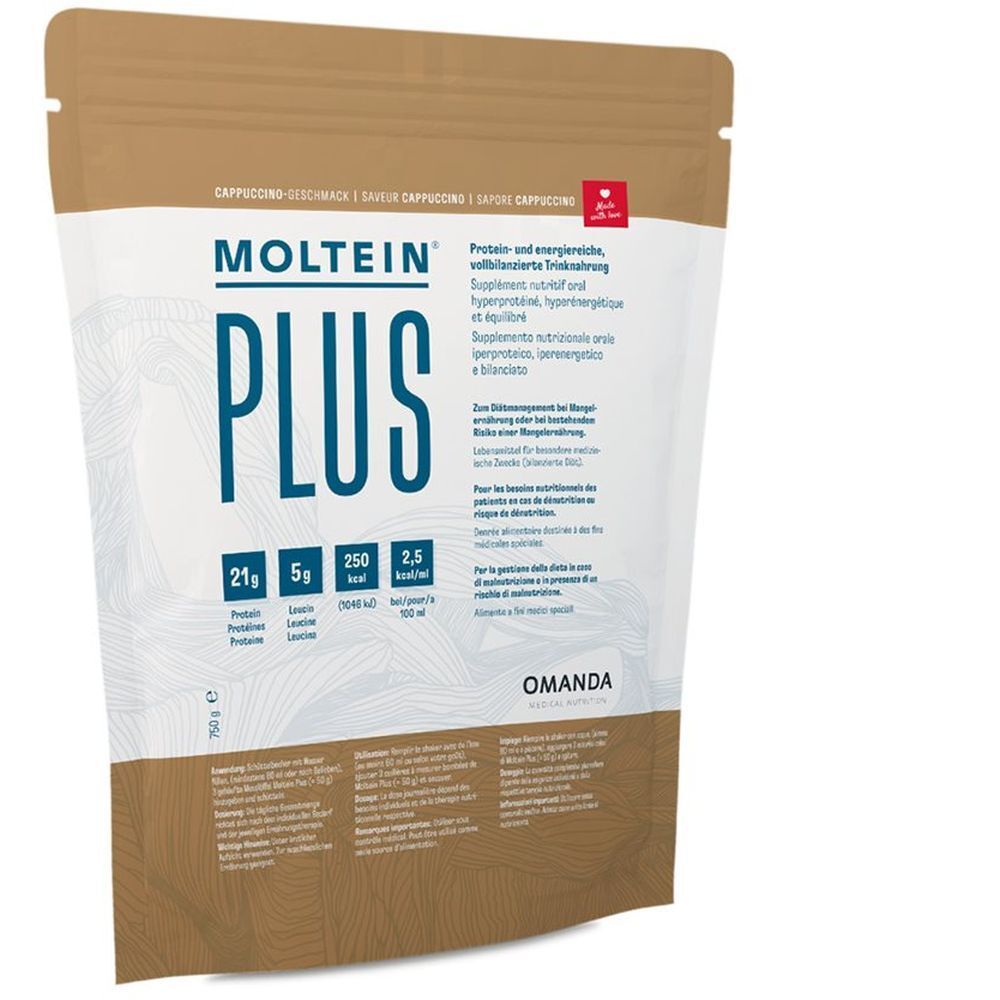 MOLTEIN Plus 2.5 Cappuccino Beutel mit Nährwertangaben und Produktinformationen.
