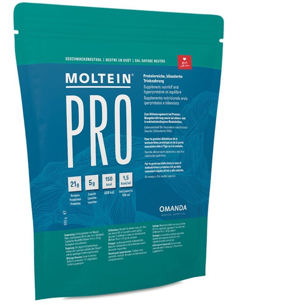 MOLTEIN PRO 1.5 Neutre Beutel mit Proteinpulver. Enthält Nährwertangaben und Markenschriftzug.