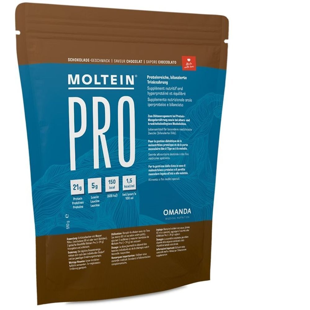 MOLTEIN PRO 1.5 Schokoladig Beutel mit Nährwertangaben und Produktinformationen.
