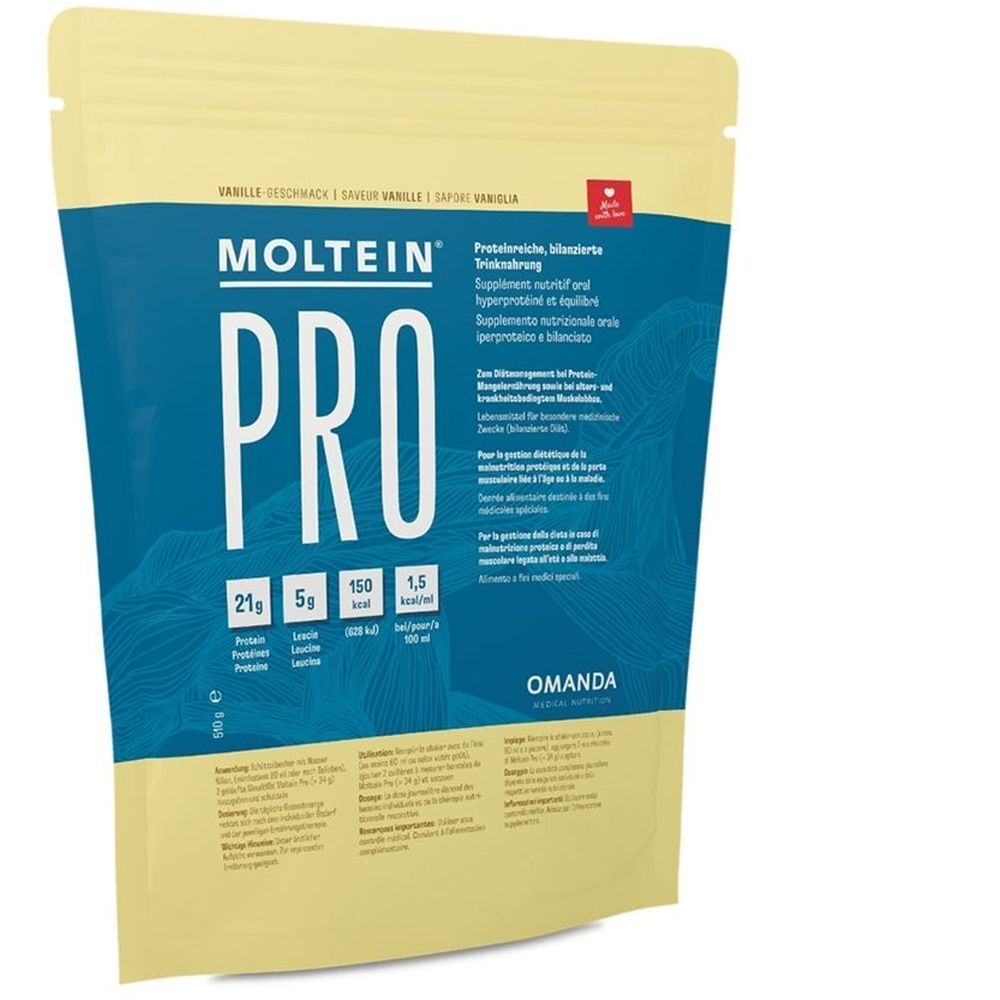 MOLTEIN PRO 1.5 Vanille Beutel mit Nährwertangaben und Produktinformationen.