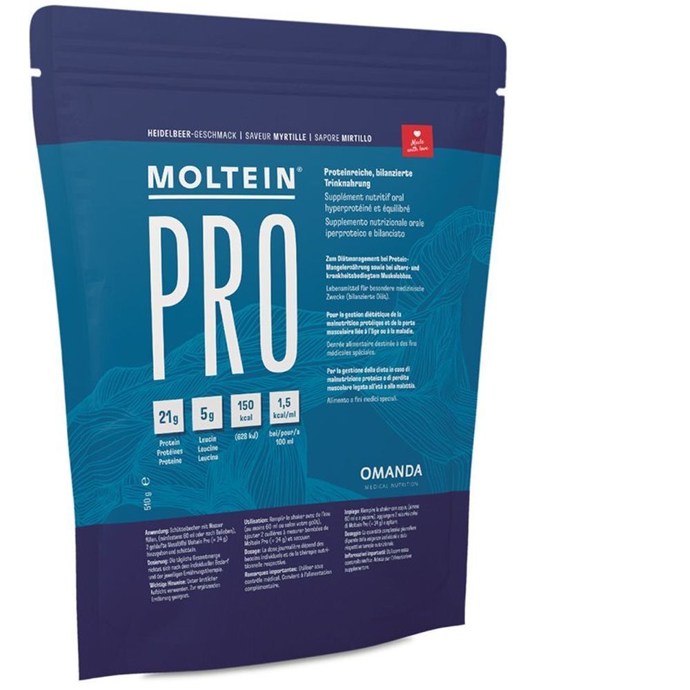 MOLTEIN PRO 1.5 Beeren-Geschmack Pulver in einem blauen Standbeutel mit Produktinformationen und Nährwertangaben.