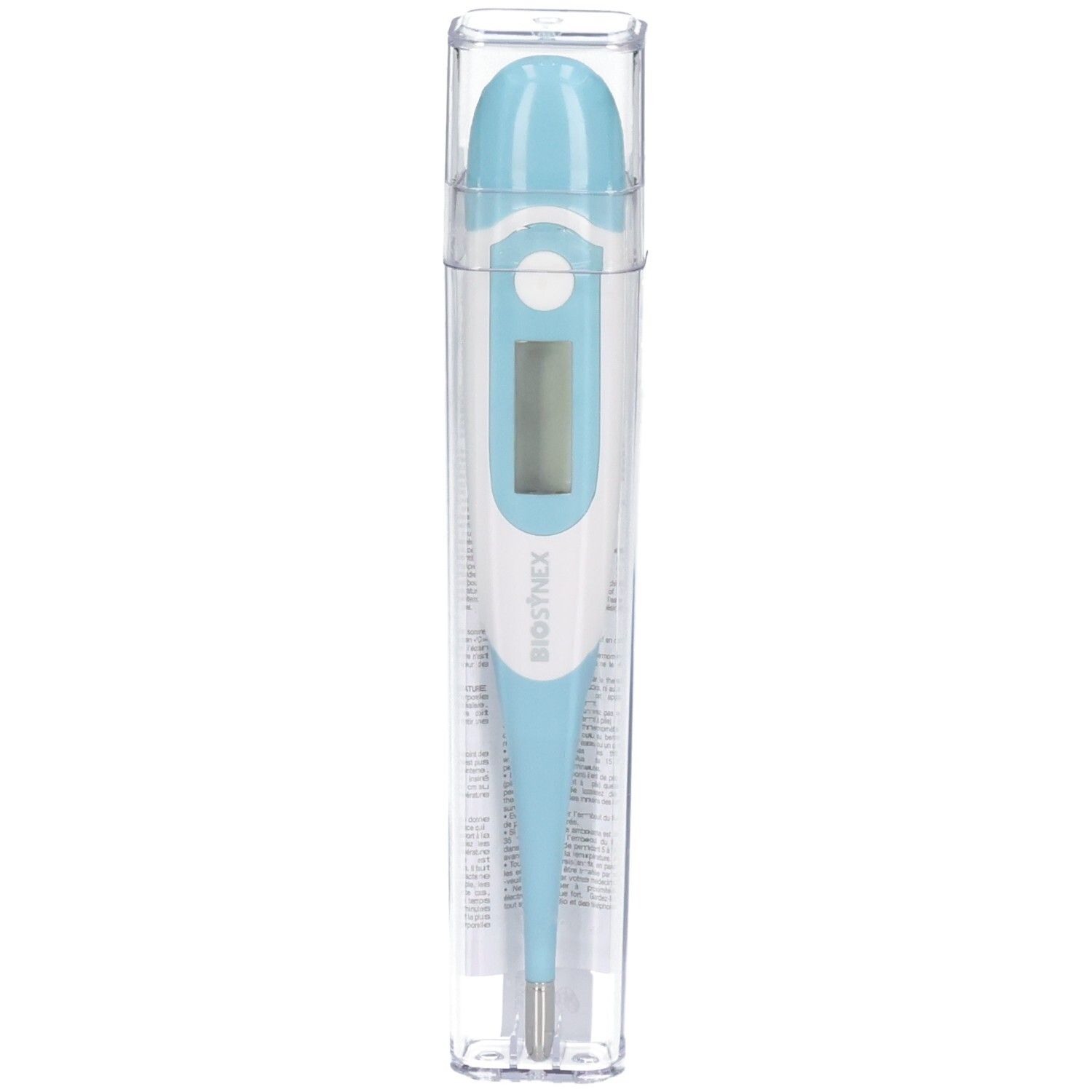 Digitales Fieberthermometer mit blauem Griff und LCD-Anzeige, in transparenter Schutzhülle.