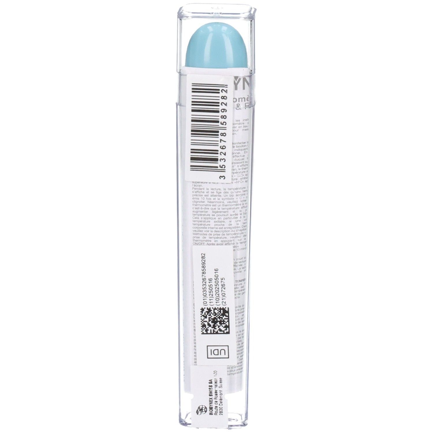 Rückseite eines digitalen Fieberthermometers in Schutzhülle mit Barcode und Produktinformationen.