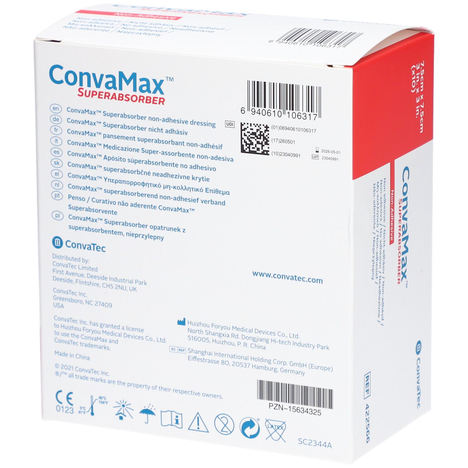 Dos de la boîte Convamax Superabsorber. Informations produit, fabricant, code-barres, marquage CE.