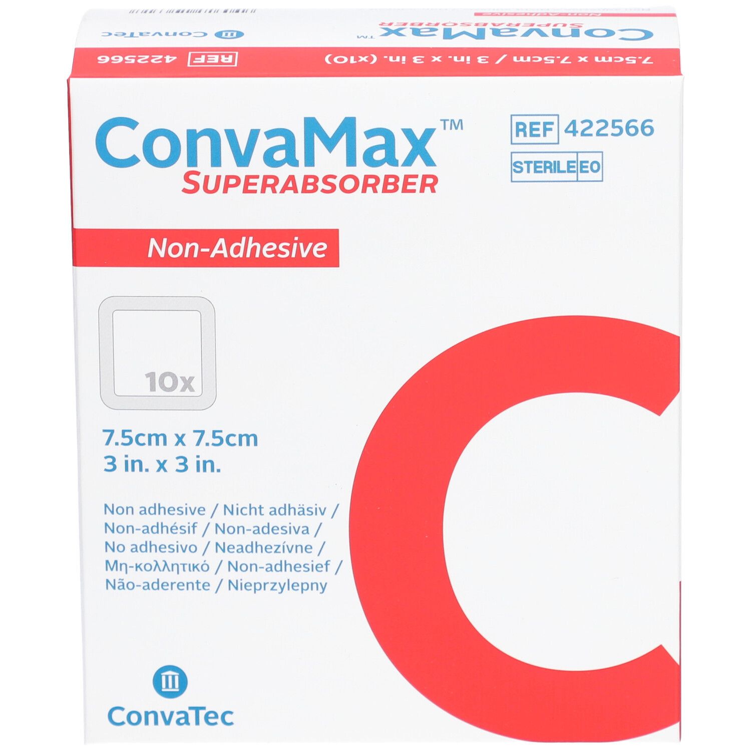 Boîte de Convamax Superabsorber. Compresses carrées, 7,5x7,5cm, 10 pièces. Non-adhésif. Logo KonvaTec.