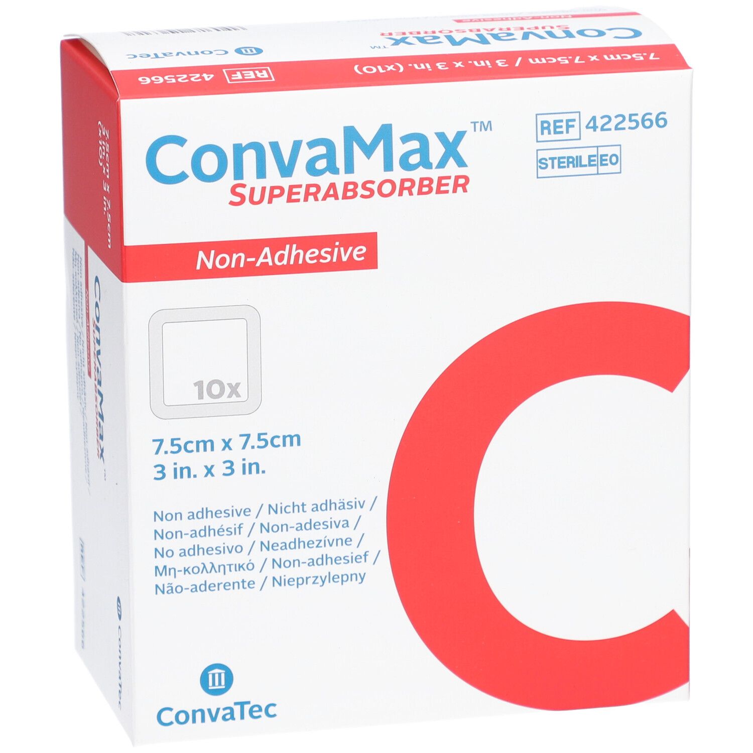 Boîte de Convamax Superabsorber. Compresses carrées, 7,5x7,5cm, 10 pièces. Non-adhésif. Logo KonvaTec.