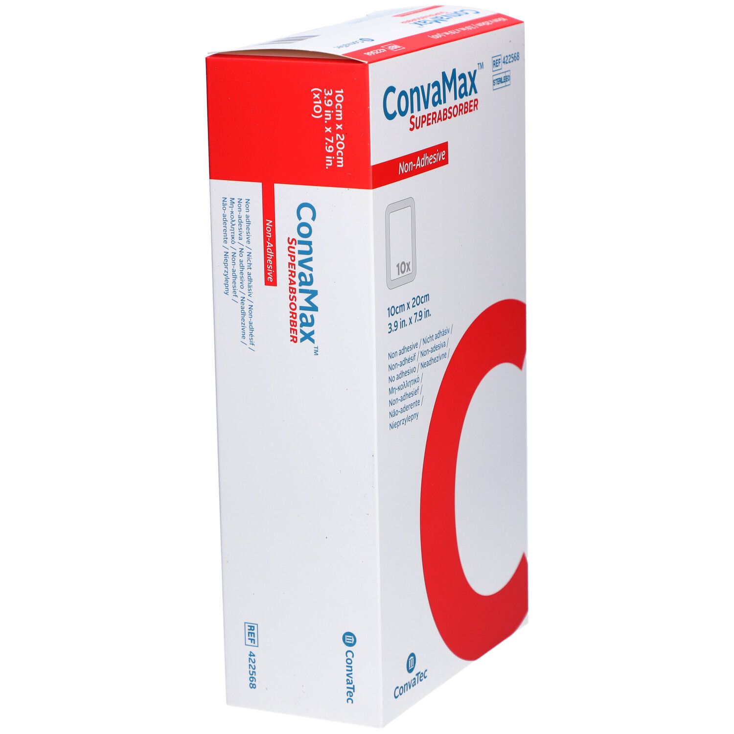 Boîte CONVAMAX Superabsorber, 10x20cm, non adhésif. Boîte rouge et blanche avec 'C' rouge.