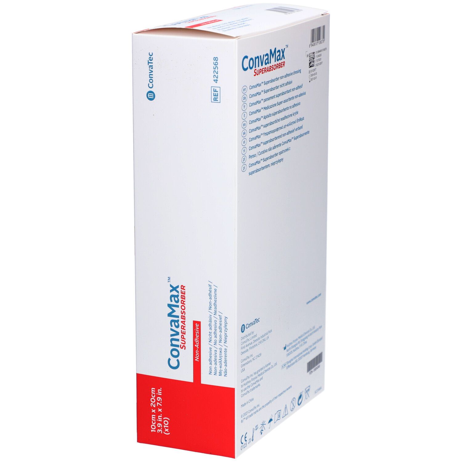 Boîte CONVAMAX Superabsorber, 10x20cm, non adhésif. Boîte blanche avec accent rouge.